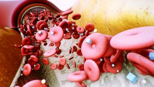 Ilustração 3D detalhada do interior de um vaso sanguíneo mostrando glóbulos vermelhos e pequenos cubos que representam o acúmulo de moléculas de glicose, conceito visual para entender o que é resistência à insulina e como ela age no corpo.