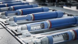 Linha de produção industrial de canetas injetáveis de medicamentos modernos como a tirzepatida e semaglutida.